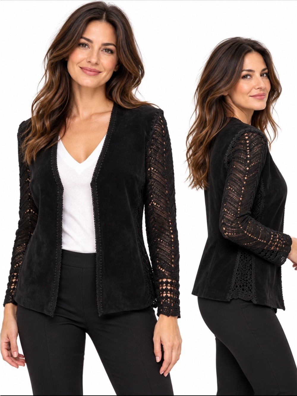 Danier Black Suede Crochet Sleeve Open-Front Jacket Cardigan Medium